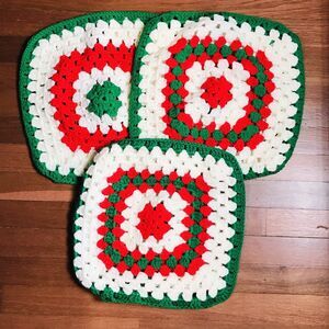Lot of 3 VTG Handmade Square Crochet Pillow Covers Grannycore Holiday 15x15 Inch